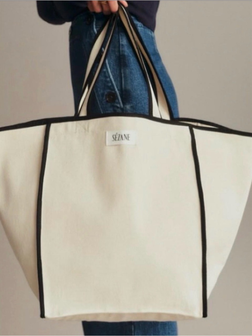 Sézane Cream Canvas Tote with Black Trim